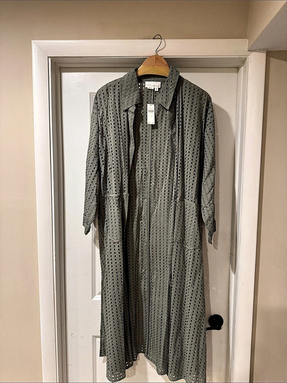 Anthropologie Sheer Eyelet Duster Olive Maxi